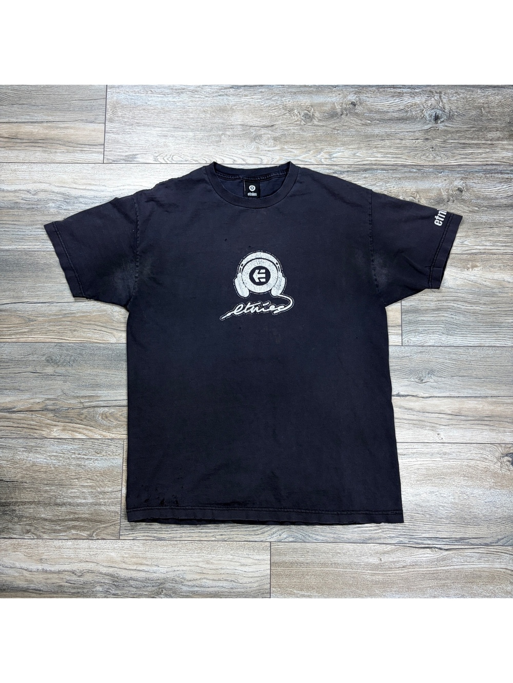 Etnies Black Graphic T-Shirt with Distressed Details and good fade
